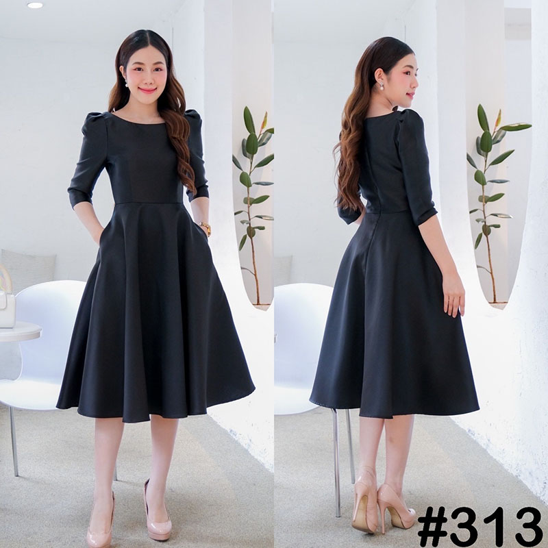 kudapy เดรสสั้นใส่ออกงานสีชมพู,สีเขียวเข้ม,สีดำ,สีน้ำเงินกรมท่า,สีเทาเงิน ทรงยกไหล่พอง แขนสาม ดีเทลจับจีบหัวไหล่