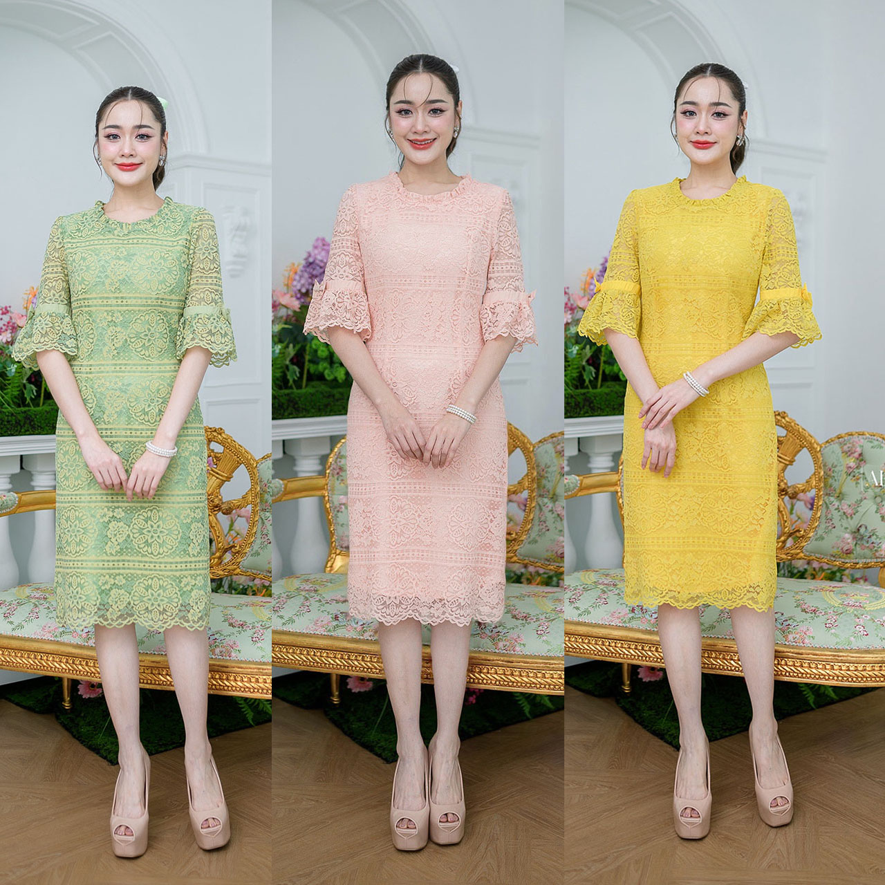kudapy เดรสสั้นสีชมพูโอรส/สีเขียว/สีเหลือง ลูกไม้ตัวสวย ผ้านิ่ม รุ่นนี้ดีไซน์สวยหวานมากค่ะ ทรงใส่ง่าย ช่วงปลายแขนระบายรอบแขนแต่งโบว์