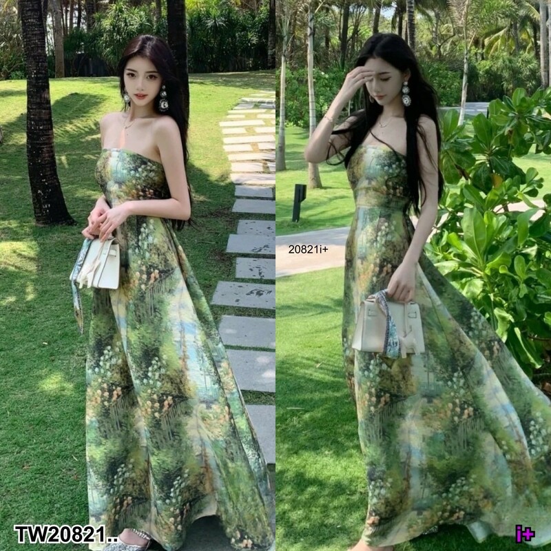 kudapy เดรสยาวสีเขียว เกาะอกซิปด้านหลัง + ยางยืดกระโปรงจับจีบด้านข้าง พิมพ์ลาย