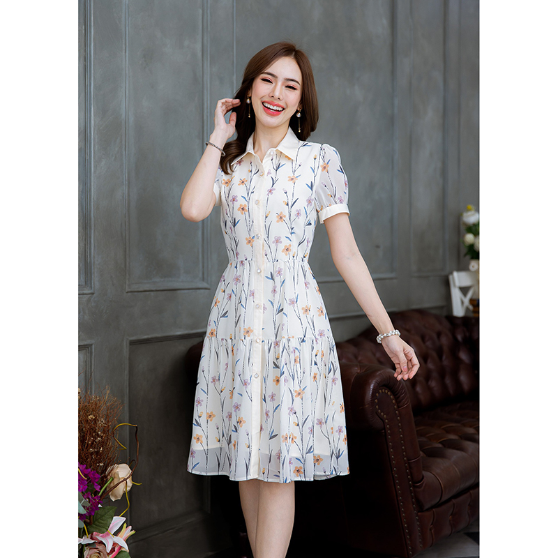 kudapy เดรสสั้นสีครีม/สีชมพู คอปกกระดุมหน้า ผ้าชีฟองลายดอกสวยหวาน แพทเทิร์นสวยเก๋