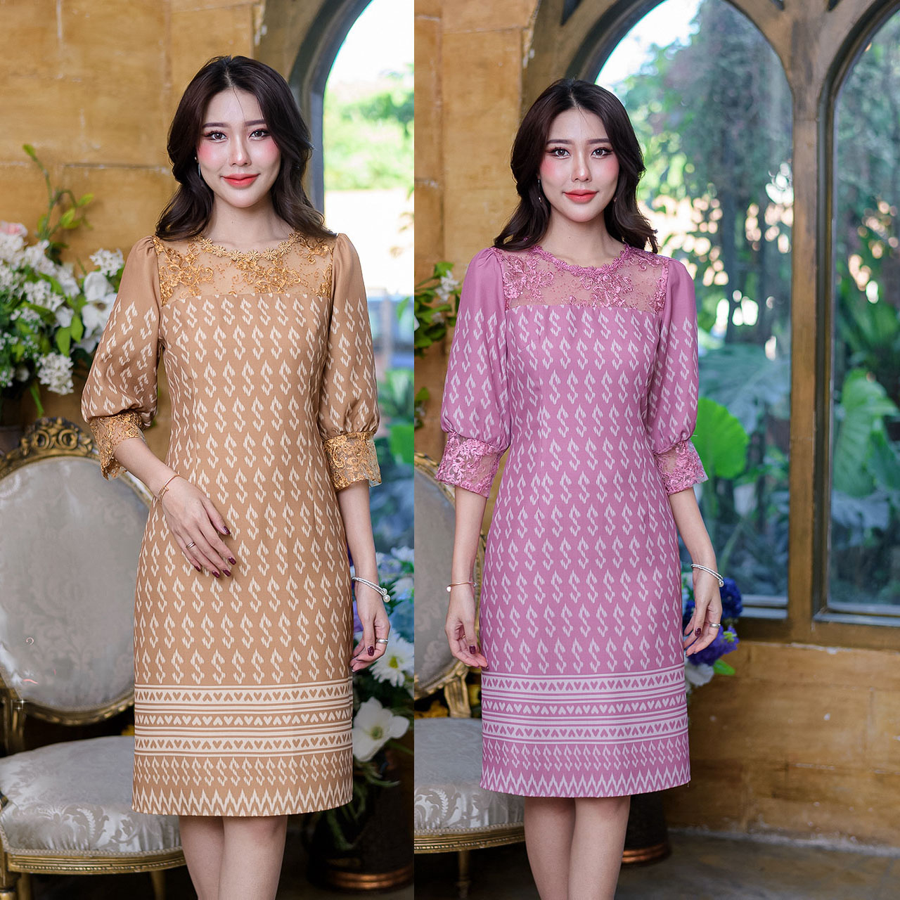 kudapy เดรสสั้นสีเหลืองทอง/สีชมพูกรีบบัว พิมพ์ลายผ้าไทยลายขอ รุ่นนี้ต่อผ้าลูกไม้เลื่อมเพิ่มความสวยหวาน เดรสลายไทยประยุกต์