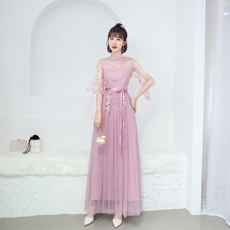 kudapy เดรสราตรียาวออกงานสีถั่วแดงกะปิ ชุดราตรีคอจีน