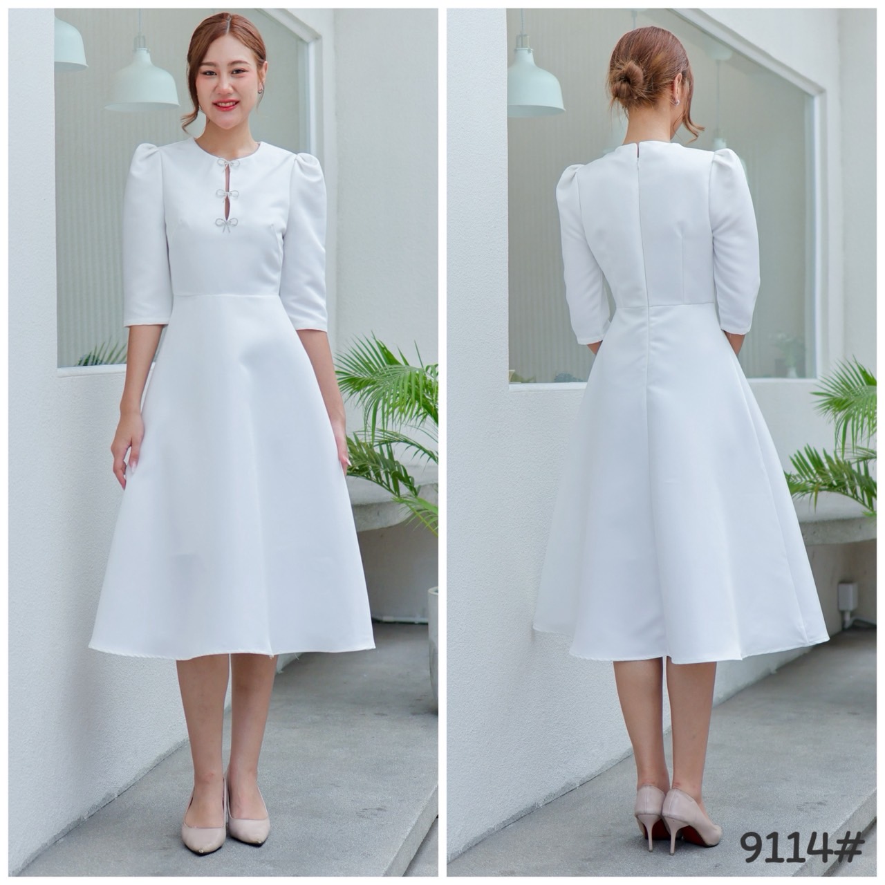 kudapy เดรสสัน ออกงาน ทรงสุภาพ มีเข็มกลัด3ชิ้น คัตติ้งเริศแบบอลัง เข้ารูป เก็บทรง กระโปรงบาน