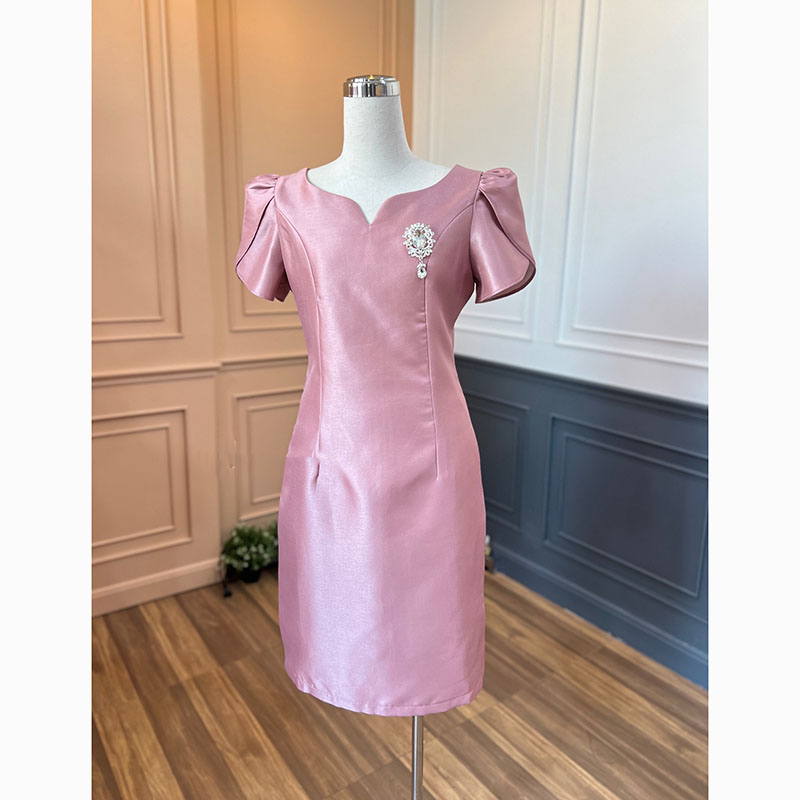 kudapy เดรสสั้นสีเหลืองทอง/สีชมพูอ่อน/สีชมพูเข้ม ผ้าไหม ชุดออกงานสวยดูดี ใส่สบาย