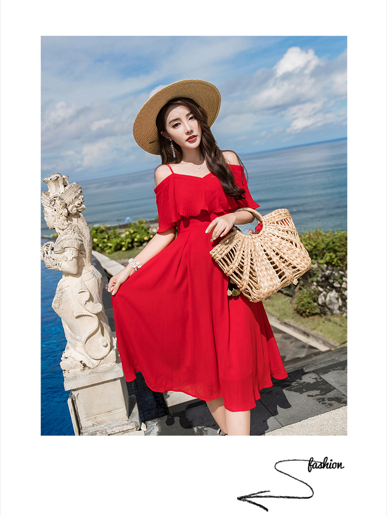 ชุดแมกซี่เดรสยาวคลุมเข่า สายเดี่ยวแต่งระบาย สีแดง เดรสเที่ยวละเล เดรสใส่เที่ยวชิวๆ XL