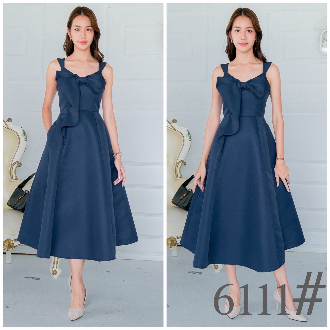 kudapy เดรสยาว แขนกุด อกโบว์ เกาหลี กระโปรงบาน มีกระเป๋าข้าง