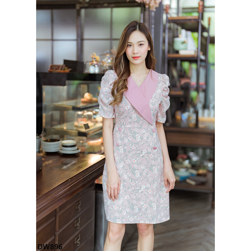 kudapy เดรสสั้นสีชมพู/สีดำ/สีเเหลือง เดรสทำงานทรงสูทลายดอก