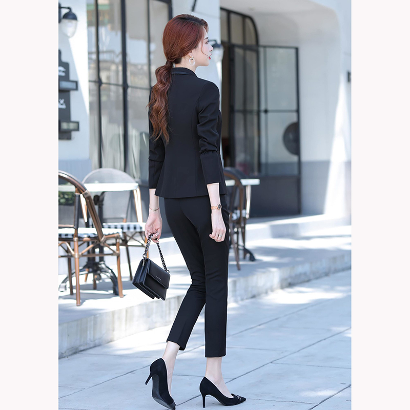 kudapy ชุดสูททำงานผู้หญิงสีฟ้าคราม/สีดำ แต่งขอบดำ สีสุภาพเรียบง่าย