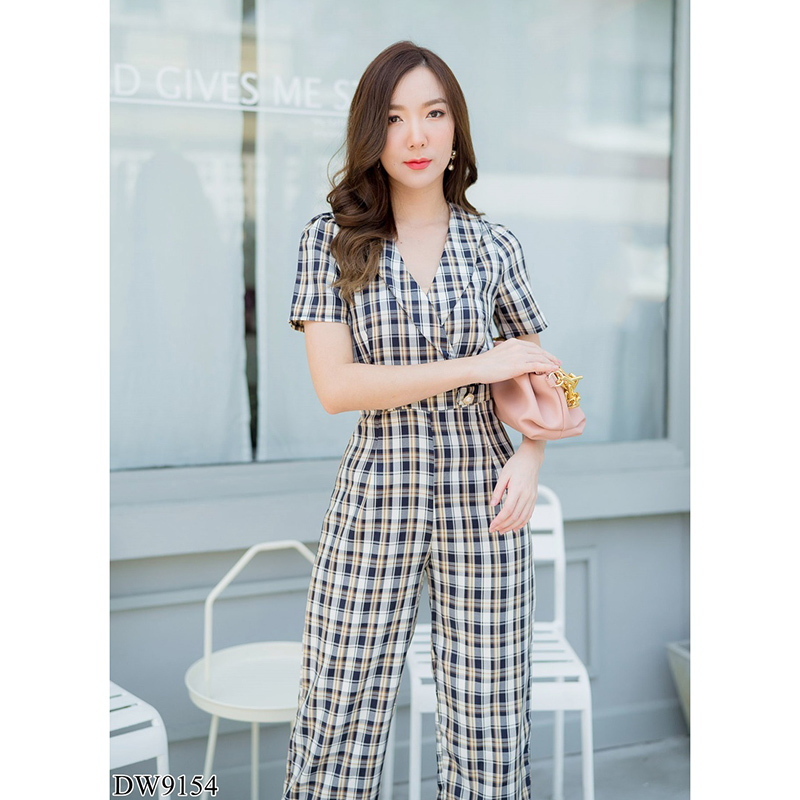 kudapy จั้มสูทขายาวคอวีสีกรม/สีชมพู/สีดำ ปกสูทขายาวลายสก๊อต