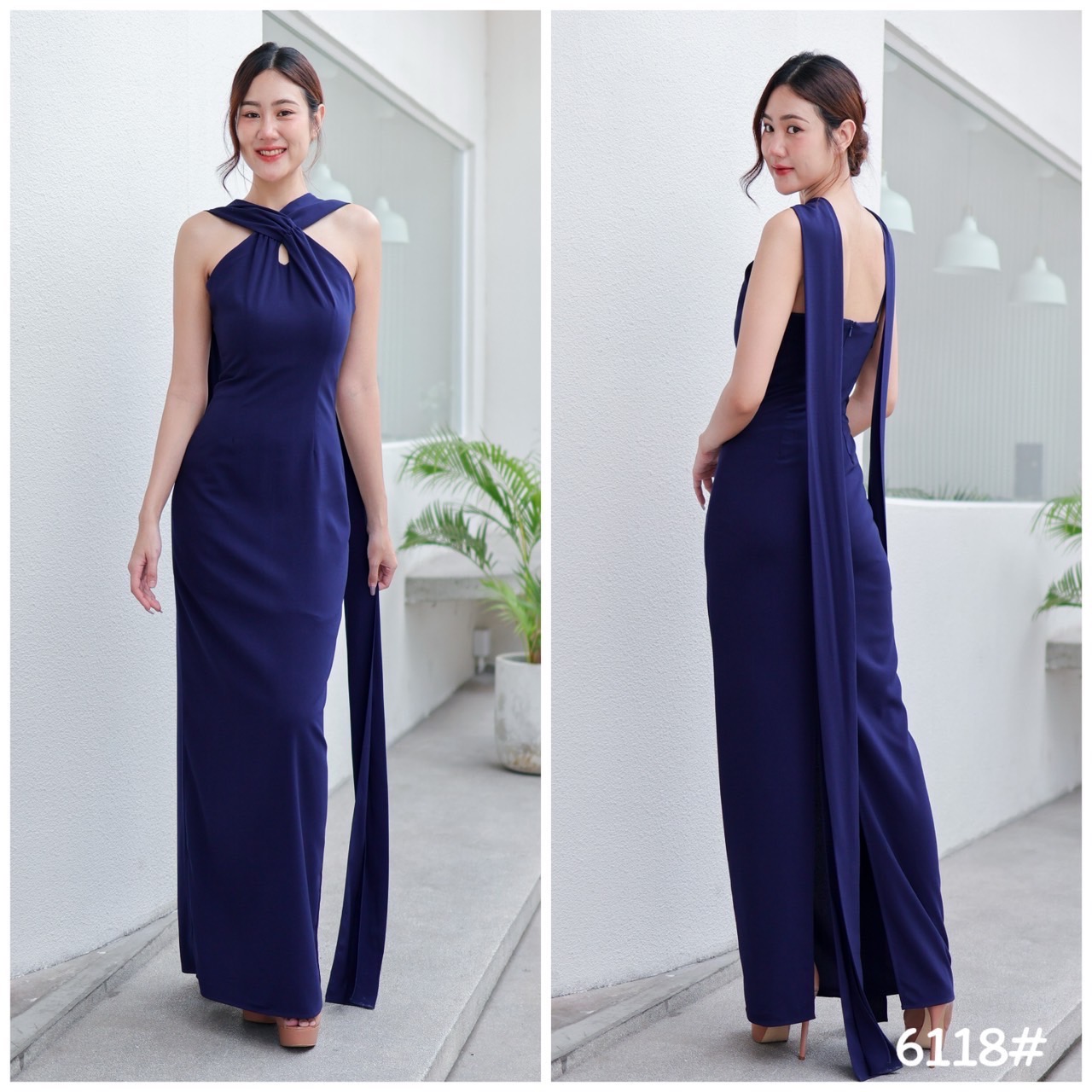 kudapy ชุดราตรีสุดแกลม ทรงเข้ารูป สายไขว่หน้าคล้องคอ ทิ้งชายยาว มีสายเดี่ยวจิ๋ว