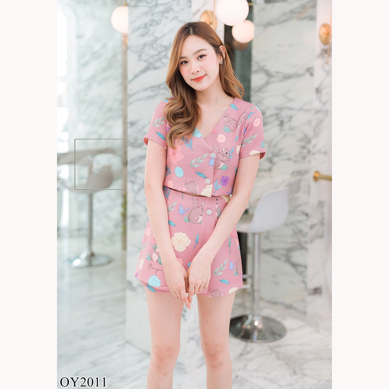 kudapy เซทเสื้อ+กกลายกระรอกสีเหลือง/สีชมพู/สีเขียว ใส่สบายสวยดูดี