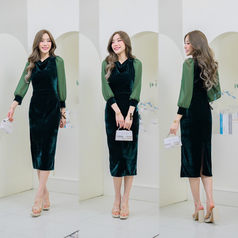 kudapy เดรสสี/สีกรม/สีแดง/สีเขียว กำมะหยี่ แขนยาวแต่งแขนชีฟอง คอถ่วงผ่าหลังเรียบหรู ไฮโซและให้ลุคกึ่งทางการ