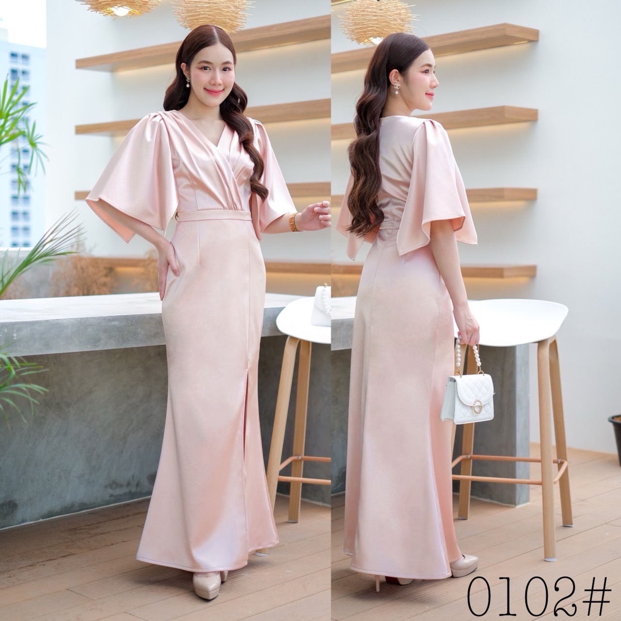 kudapy เดรสยาวออกงาน แขนระฆังทรงพรางเเขน Maxiคอวีเเขนระฆัง ทรงกระโปรงสอบผ่าหน้า เนื่อชาตินนุ่มลื่น