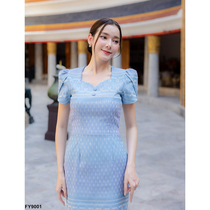 kudapy เดรสสั้นสีโอรส/สีชมพู/สีม่วง/สีฟ้า ผ้าทอแขนบัว เดรสผ้าไทยสวยดูดี ใส่ออกงาน