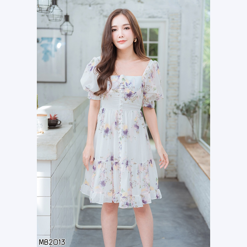 kudapy เดรสสั้นสีชมพู/สีขาว ลายดอกแขนบาร์บี้สวยน่ารักดูดี