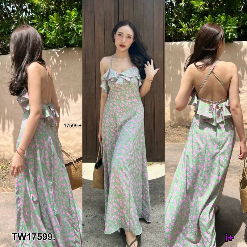 kudapy แม็กซี่เดรสไปทะเล เดรสสายเดี่ยวสานหลัง อกระบาย ลายดอกไม้ สีเขียว สีขาว