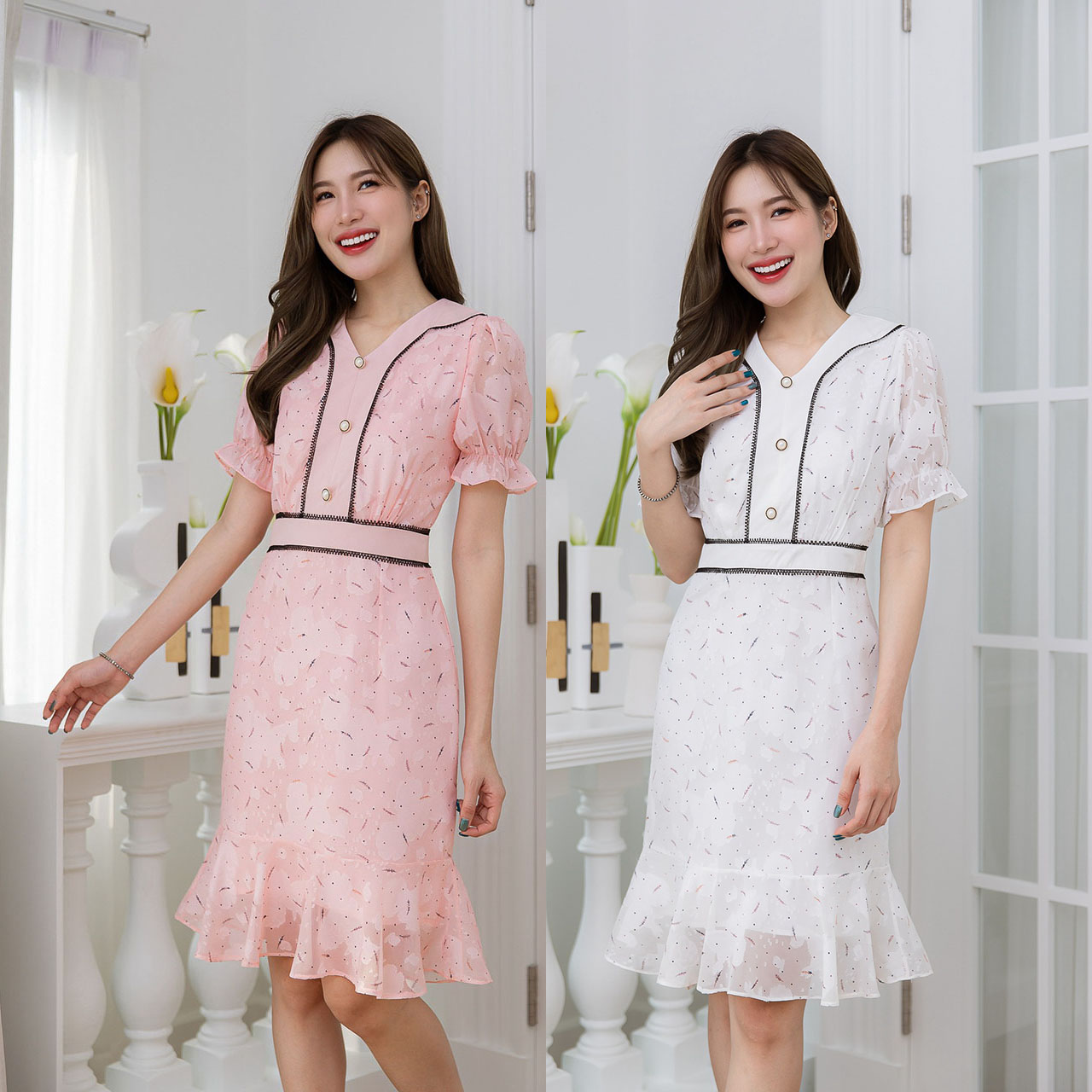 kudapy เดรสสั้นสีชมพู/สีขาว ผ้าญี่ปุ่นทอพิมพ์ลาย เนื้อผ้ามีเทคเจอร์ ทอเป็นดอก พิมพ์ด้วยลายเล็กๆน่ารัก แต่งลูกไม้เส้นตัดขอบคอบเอวและอก