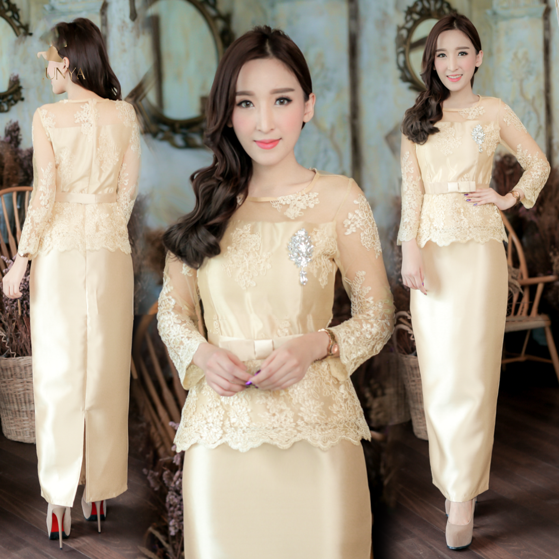 kudapy เซ็ท เสื้อ+กระโปรง สีเขียว สีทอง คอกลม แขนสามส่วน แถมฟรีเข็มขัดผ้าเข้าชุด งานเสื้อใช้ลูกไม้อิตาลีเนื้อลูกไม้ทอแน่นนูนเนื้อไม่นิ่มแน่น