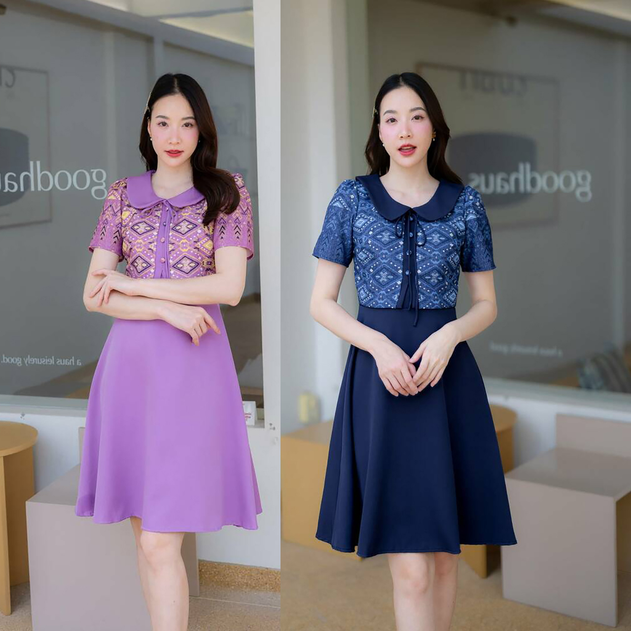 kudapy เดรสสั้นสีกรม/สีม่วง แต่งเสื้อลายไทยคอบัวผูกโบว์