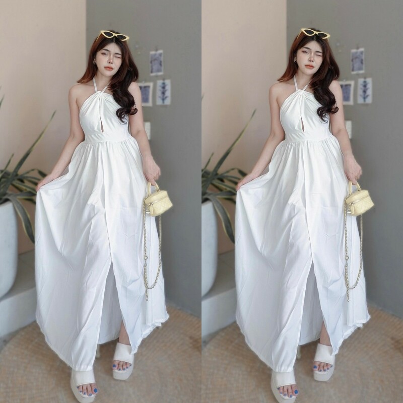 kudapy Maxi Dress ไปทะเล แม็กซี่เดรสเชือกคล้องคอ เดรสผ้าไหมอิตาลี่ สีพื้น ผ่าแหวกหน้า