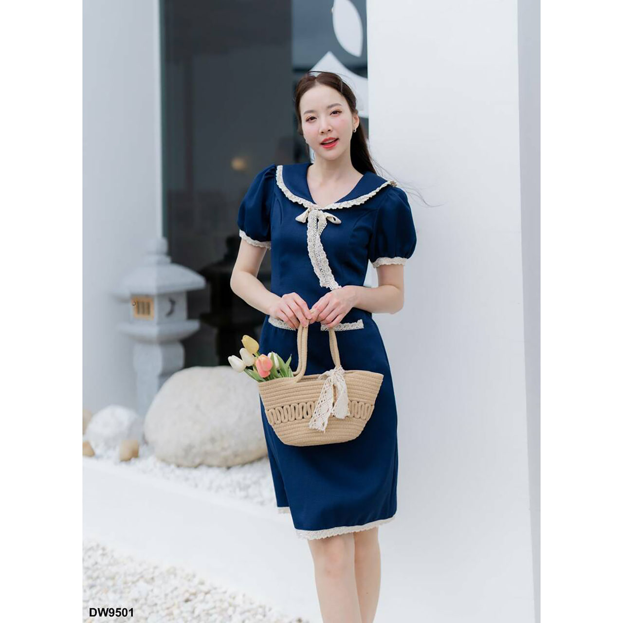 kudapy เดรสสั้สีชมพู/สีฟ้า/สีกรม คอปกแต่งลูกไม้แขนตุ๊กตา