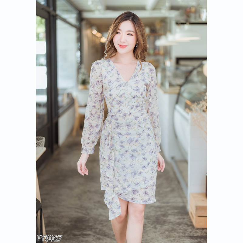 kudapy เดรสสั้นสีครีม/สีชมพู แขนยาวเอวพู่ผ้าปักลายดอกสวยดูดีน่ารักมากๆ