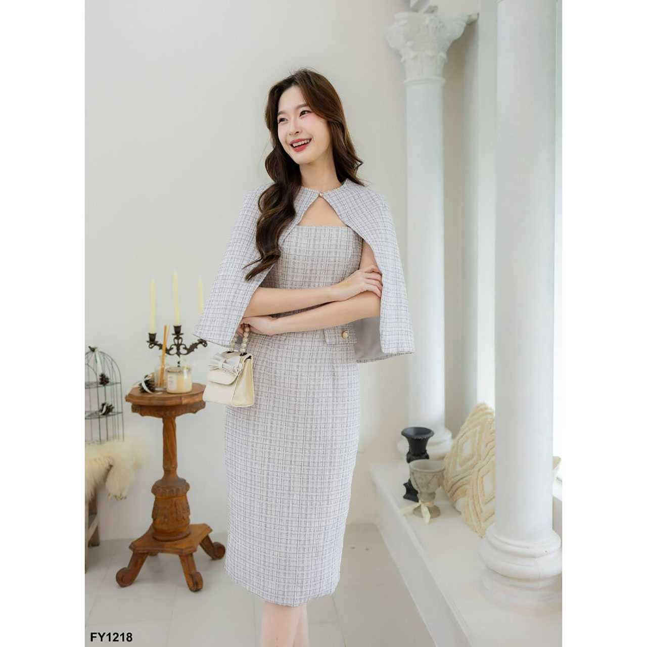 kudapy เดรสสั้น ผ้าทวิต ออกงานพร้อมเสื้อคลุมไหล่ ใส่สวย ดูดี