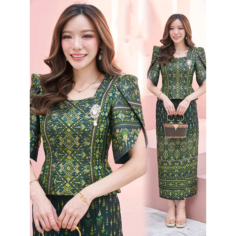 kudapy ชุดเซทไทยประยุกต์สีเขียว/สีม่วง ผ้าไหมทอลายแพรวากาฬสินทร์ ผ้าถุงลายแพรวา