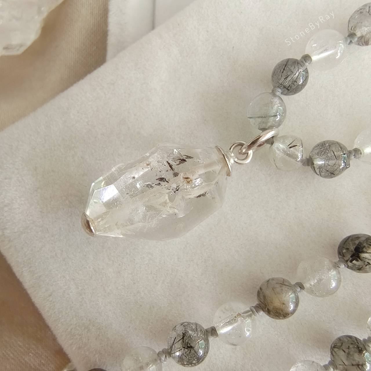 สร้อยคอเชือกถักหินไหมดำกับจี้คริสตัลเฮอร์คิเมอร์ Black Tourmaline Quartz+Herkimer Diamond