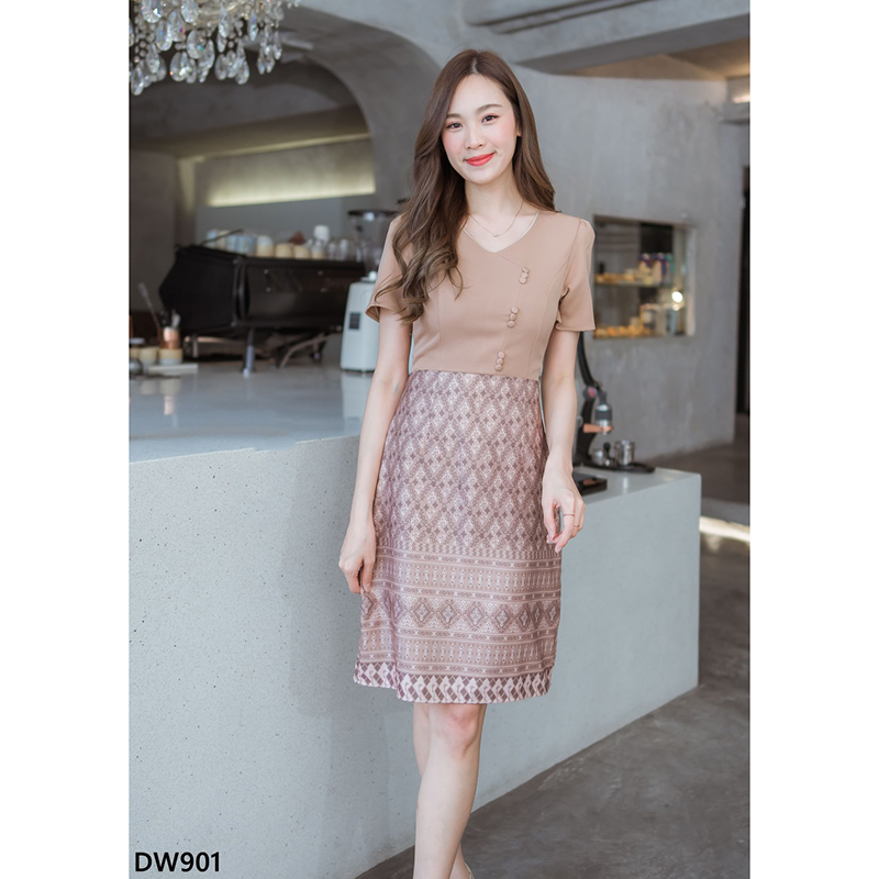 kudapy เดรสสั้นน้ำตาล/สีชมพู/สีฟ้า กระโปรงผ้าไทยท่อนบนสีพื้นแต่งกระดุม