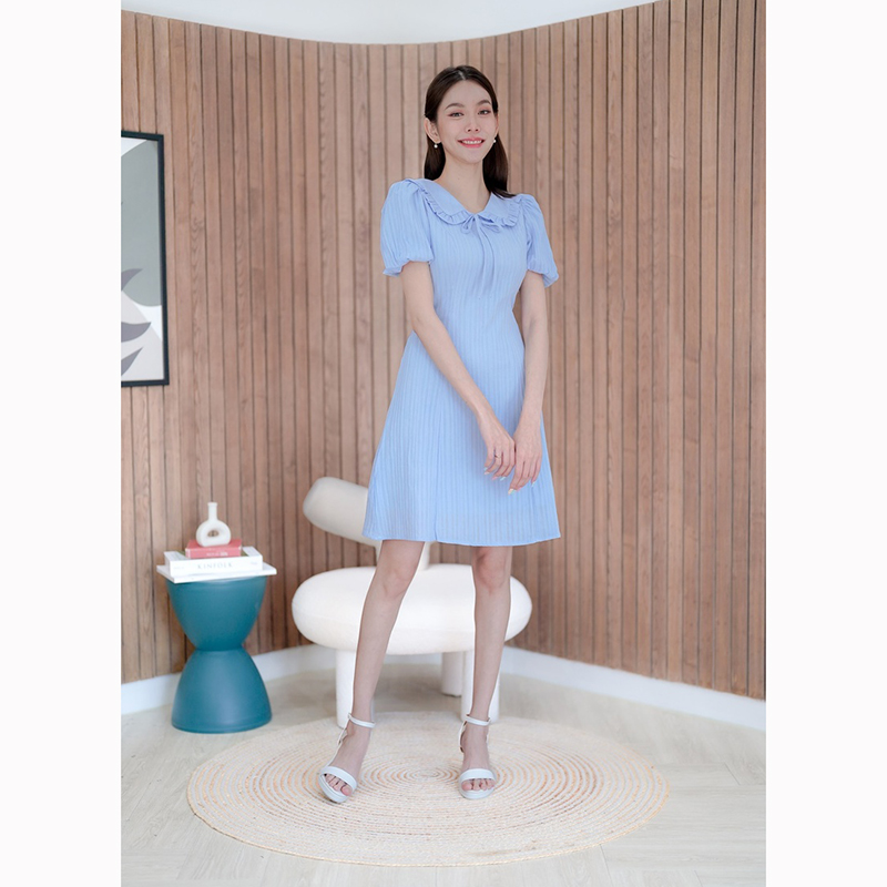 kudapy เดรสสั้นสีขาว/สีชมพู/สีฟ้า ผ้าทอแขนจั๊มผูกโบว์