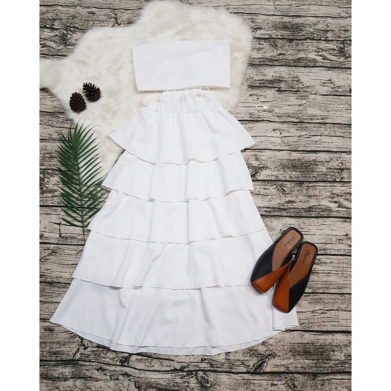 kudapyset 2 ชิ้น สีแดง/ขาว/ชมพู เสื้อเกาะอกแซ่บๆ ผูกโบว์หลัง มาคู่กระโปรงขนมชั้นยาว เอวสม็อกรอบตัวว งานดูไฮสุด