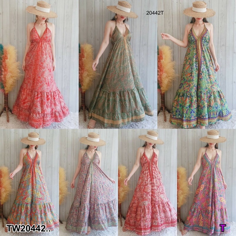 kudapy เดรสายเดี่ยวคู่ มีสายรูดผูกเอวปรับเข้ารูป เนื้อผ้าไหมอินเดียพิมพ์ทอง งานชิว ใส่สบาย ลุคเหมาะกับหน้าร้อนซัมเมอร์