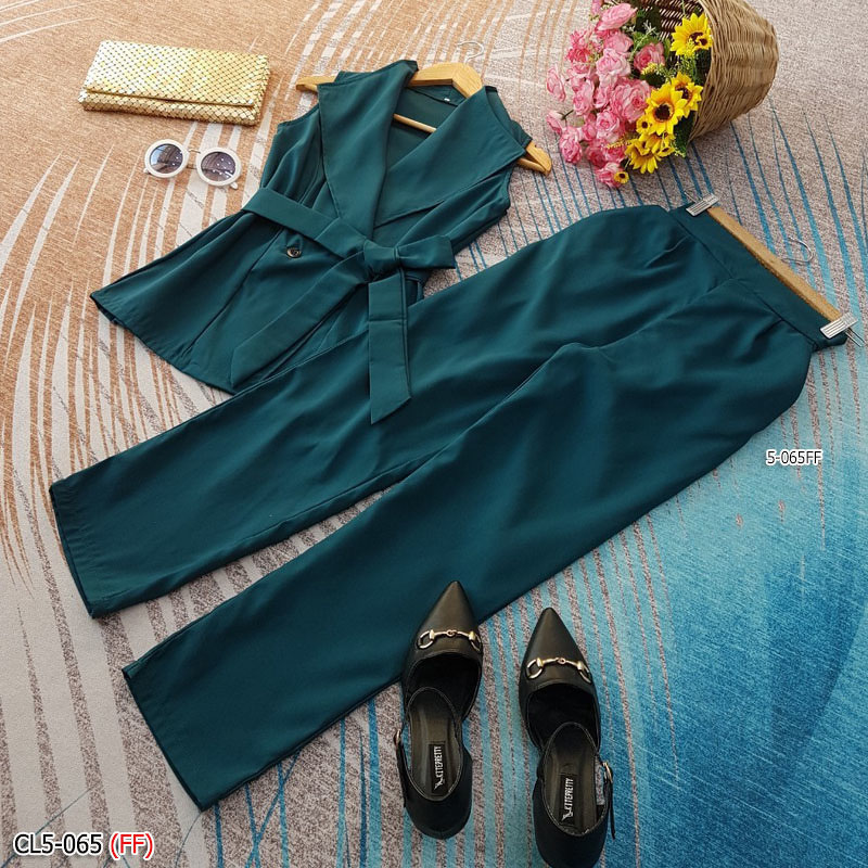 kudapy เสื้อ+กางเกงขายาว เสื้อคอปกสูทสีเทา สีเหลือง ผ่าติดกระดุม 2 เม็ด แกะออกได้ + กางเกงขายาว เอวสม็อคหลัง ตีเกล็ดด้านหน้าทรงสวย