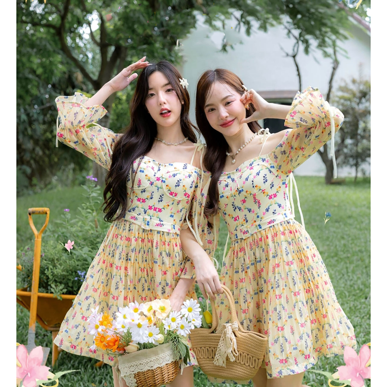 kudapy เดรสสั้นสีเหลือง กระโปรงสั้นเปิดไหล่ ลายดอกสวยน่ารัก