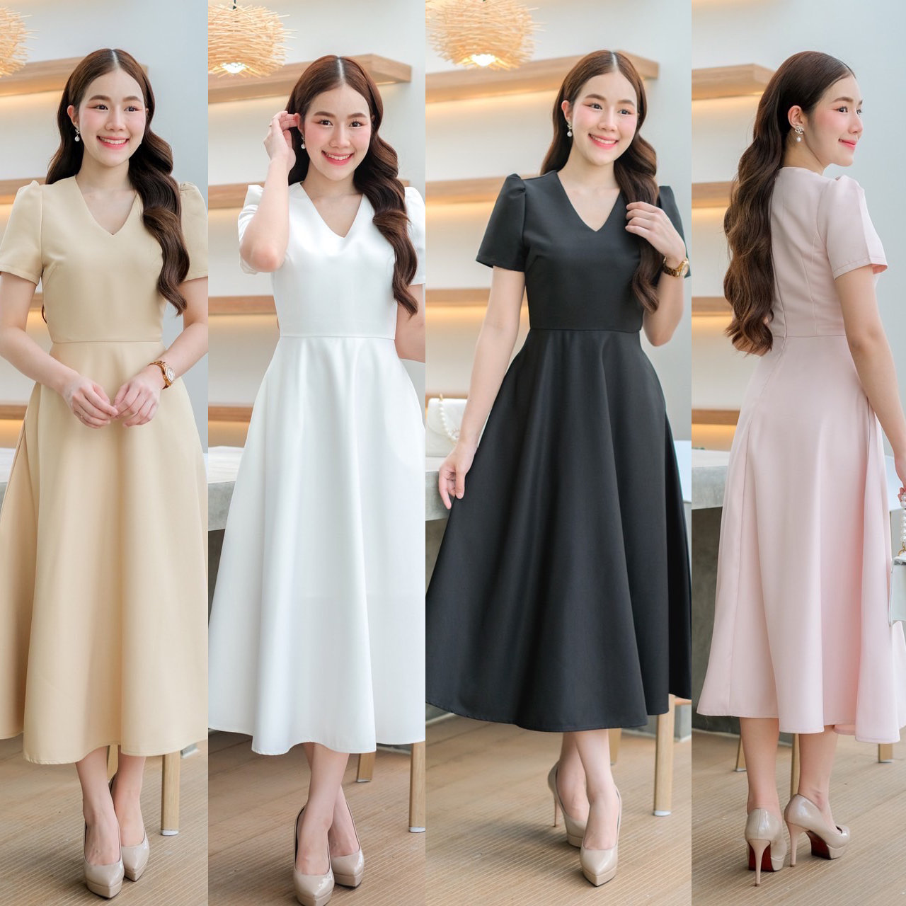 kudapy เดรสยาวสีขาว ดำ ชมพูพาสเทล ทอง แขนสั้น คอวี คัตติ้งเริศแบบอลัง เข้ารูป เก็บทรง เข้ารูป เก็บทรง ผ้าpolyester