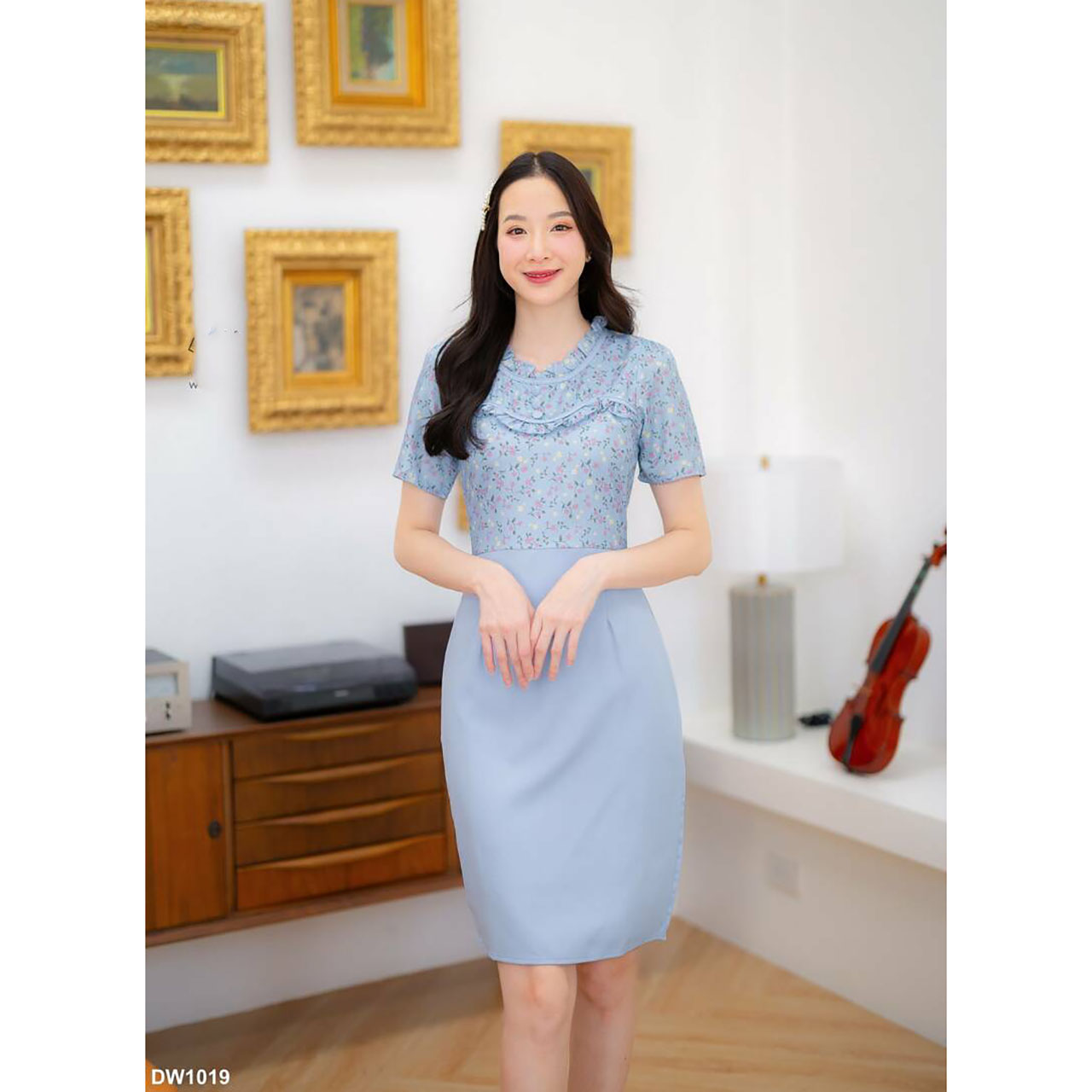 kudapy เดรสสั้นสีชมพู/สีม่วง/สีฟ้า คอเต่าลายดอกกระโปรงพื้น