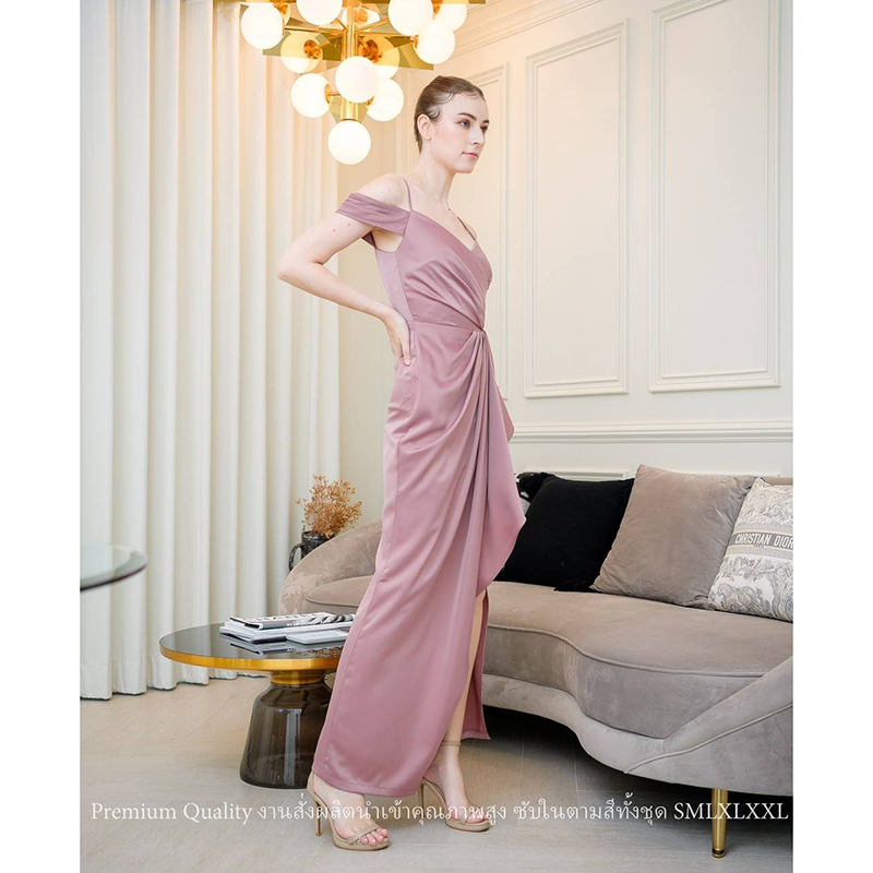 kudapy เดรสยาวสีเทาอมกรม/สีชมพูกลีบบัว ชุดราตรีไหล่ปิดไหล่ ทรงจับจีบผ่าข้างระบาย