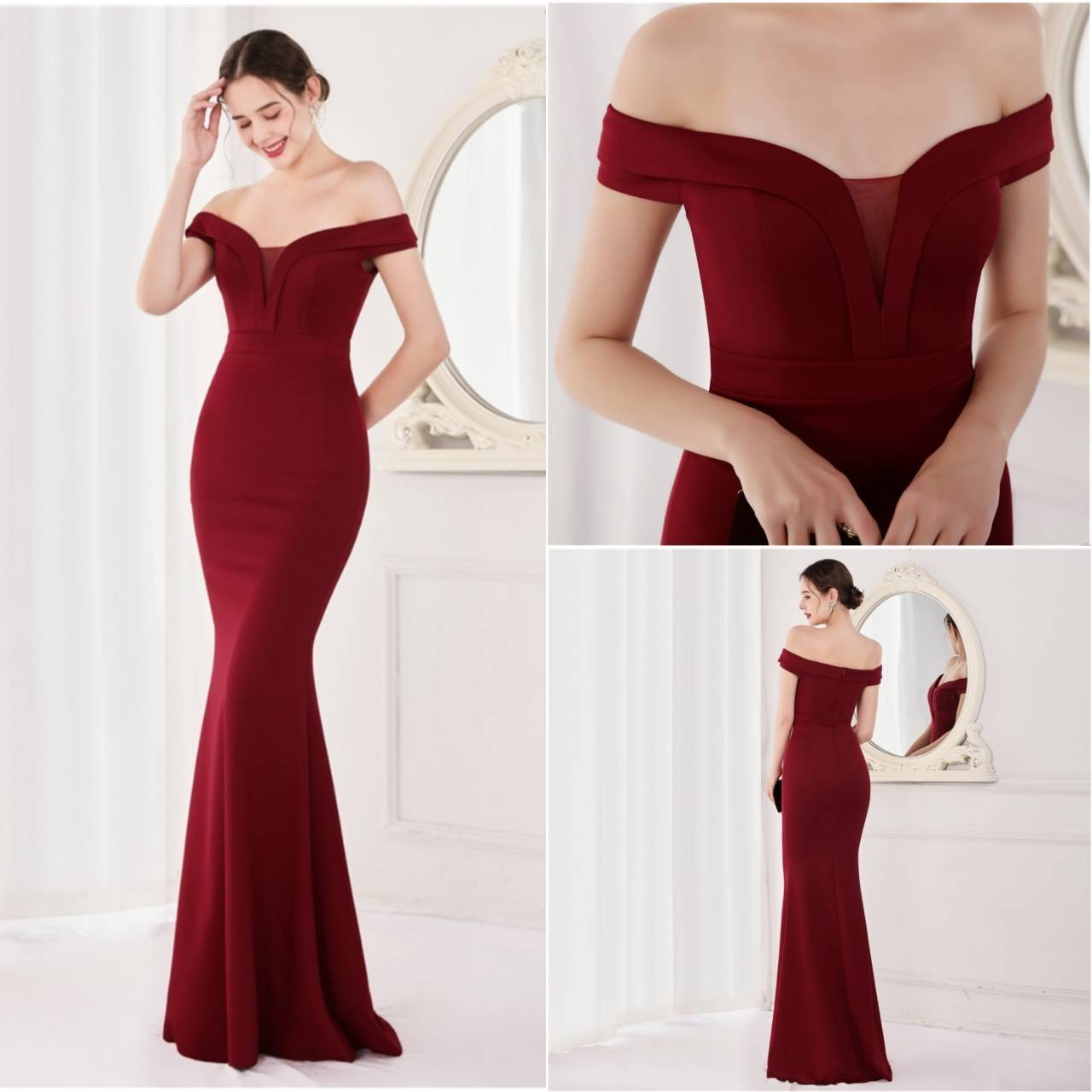 kudapy ชุดราตรียาวเปิดไหล่กริสเตอร์ทอแสง สีแดงไวน์ สีดำ สีขาว สีครีม สีเขียว สีน้ำเงินกรมท่า เดรสเกาะแขน เนื้อผ้าขยายได้ สวมเข้ารูป ทรงสวย เรียบหรู มีบราเย็บติดข้างในชุด ซิปหลัง