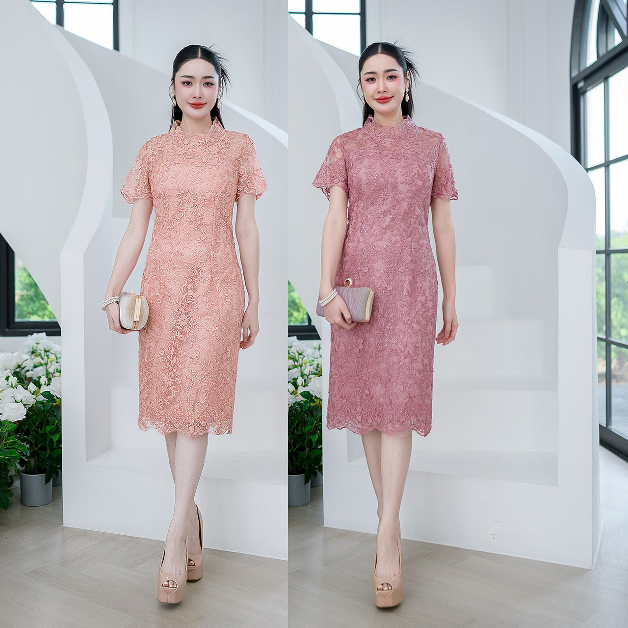 kudapy เดรสสั้นสีโอรส/สีชมพูกะปิ เดรสผ้าลูกไม้ใยบวบดอกลอย แต่งเชิงลูกไม้รอบคอ มีซับในทั้งชุด แต่งซิปหลัง