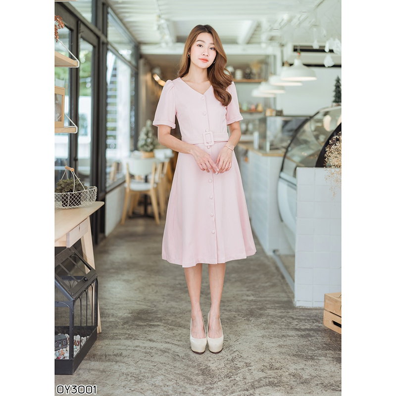 kudapy เดรสสั้นสีเขียว/กรม/ชมพู แต่งกระดุมหน้า+เข็มขัดสวยใส่แล้วดูดีมากๆ