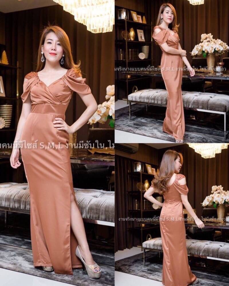 kudapy ชุดราตรียาวอกป้าย ระบายสายและอ้อมแขน ผ้าเครปซาติน กปยาว สีแดงเลือดหมู ,เทาอมกรม, น้ำตาลอิฐ, เขียว, ฟ้า