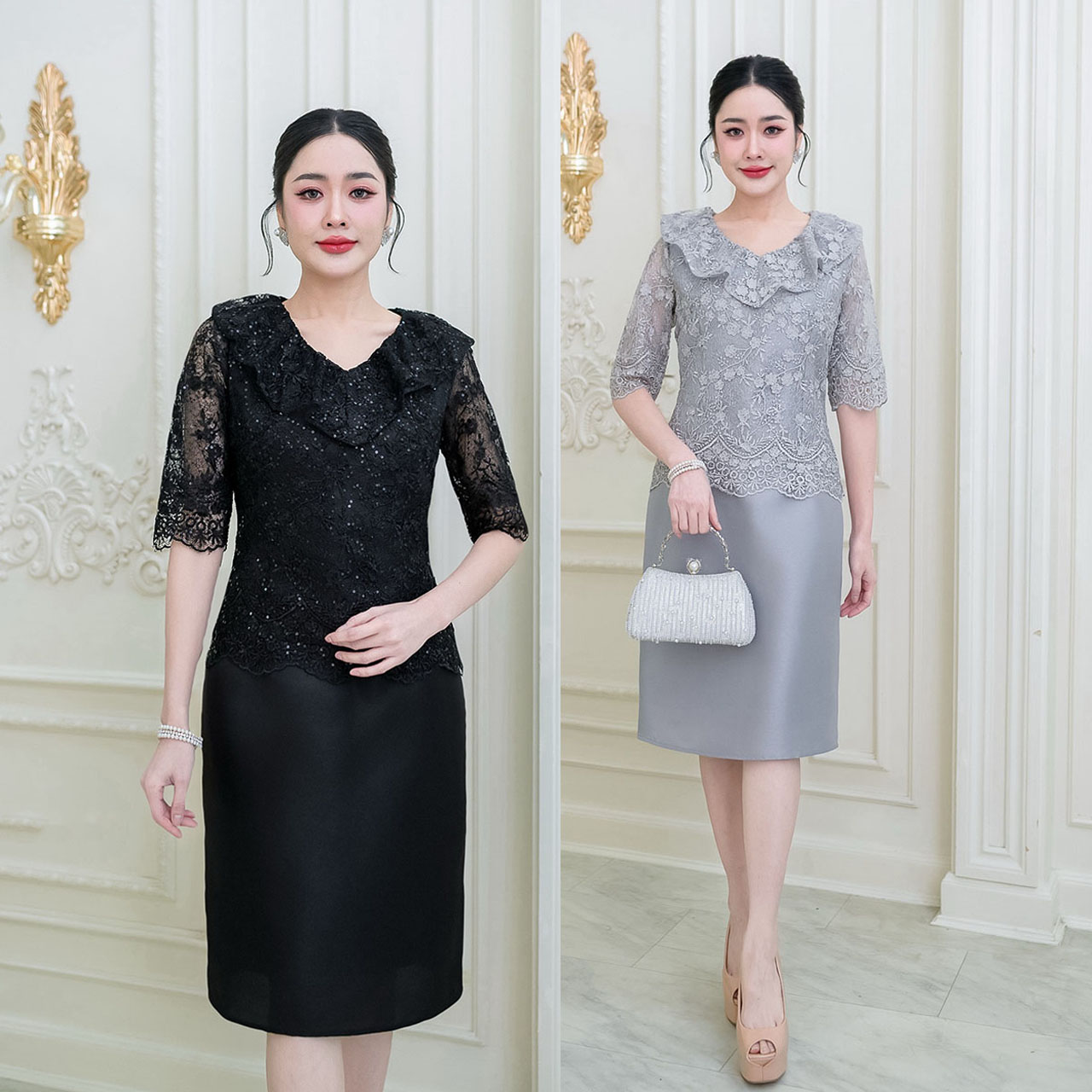 kudapy เดรสสั้นสีดำ/สีเทา ผ้าไหมส ดีไซน์ด้านบนเป็นผ้าลูกไม้ใยบวบลายสวย ช่วงคอเสื้อเป็นคอวีแต่งระบายรอบคอ