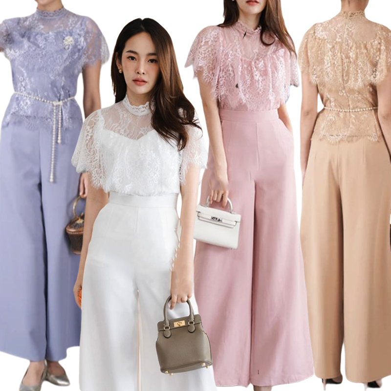 kudapy เซท 2ชิ้น เสื้อลูกไม้+กางเกงขายาว สีขาว/สีชมพู/สีฟ้า/สีทอง แต่งระบายอก