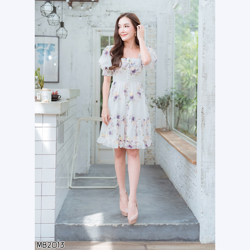 kudapy เดรสสั้นสีชมพู/สีขาว ลายดอกแขนบาร์บี้สวยน่ารักดูดี