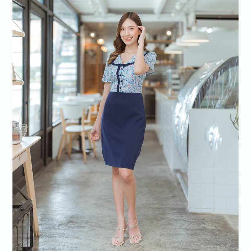 kudapy เดรสสั้นสีเขียว/สีชมพู/สีกรม คอบัวลายดอก ใส่สบายสวยดูดี