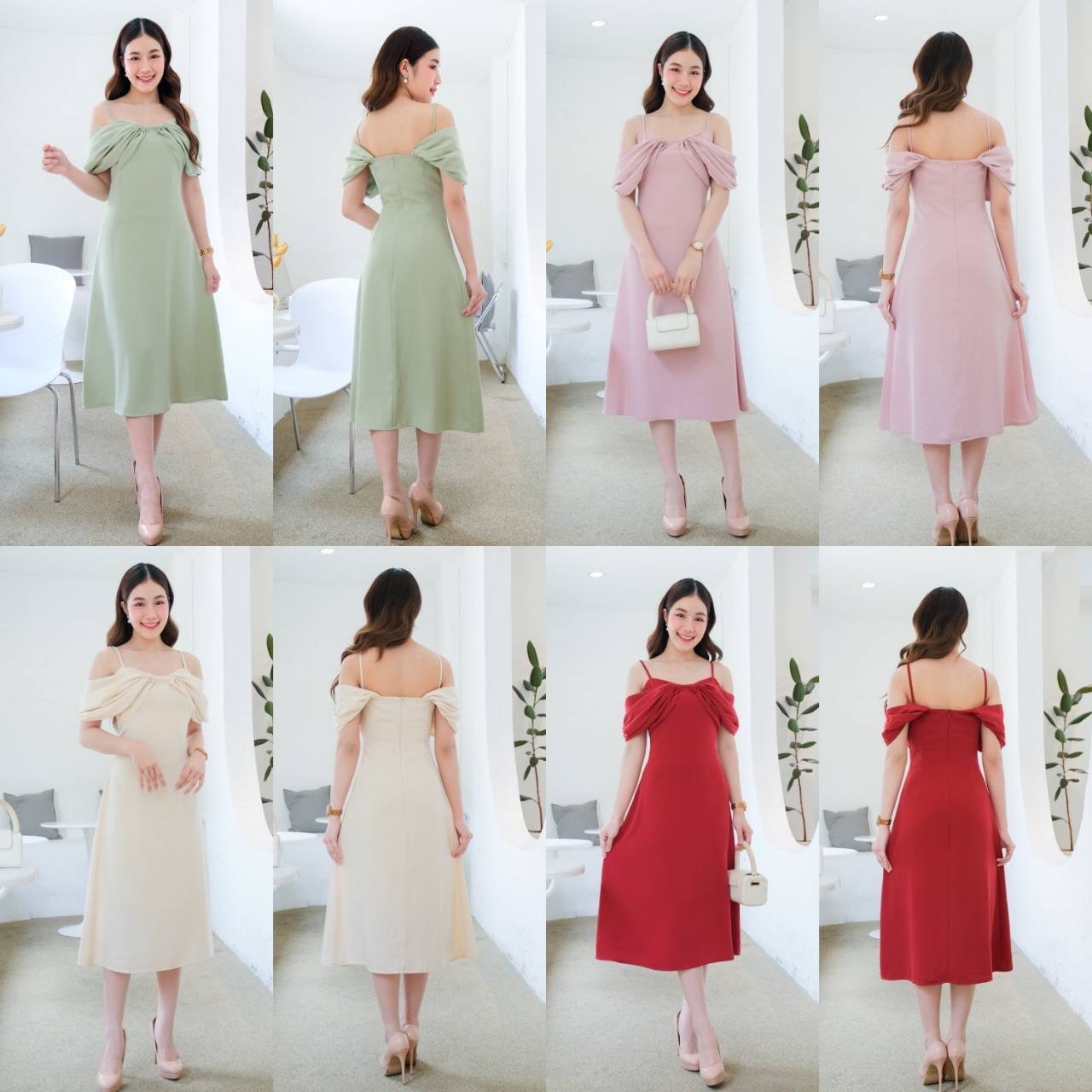 kudapy เดรสสั้นสีครีม/ชมพู/เขียวอ่อน/แดง สายเดี่ยว บ่าตก ใส่ปิดบ่า หรือเปิดบ่าก็สวย นื้อผ้านิ่มเย็น ใส่สบาย
