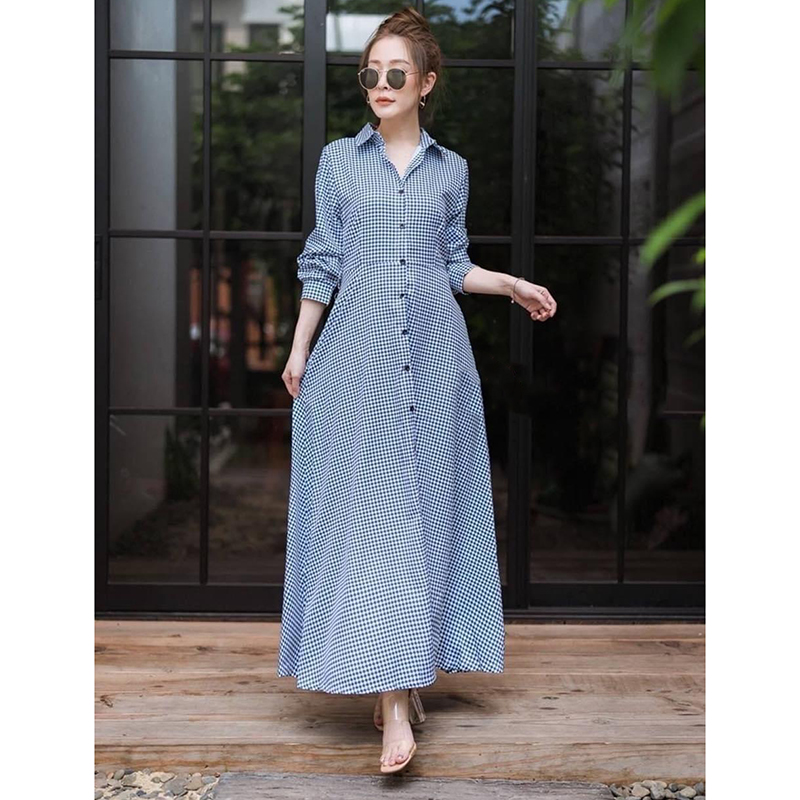 kudapy แม็กซี่เดรสสีฟ้าลายสก้อต เชิ๊ตคอปก แขนยาวกระดุมหน้า มาพร้อมเข็มขัดตามแบบ