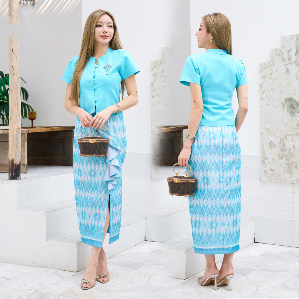 kudapy ชุดเซตไทย เสื้อผ้าฝ้าย ผ้าถุงทอลาย ทรงระบาย หน้าลายเชิงเทียนจันทร์วาด เย็บสำเร็จ อัดกาว อย่างดี