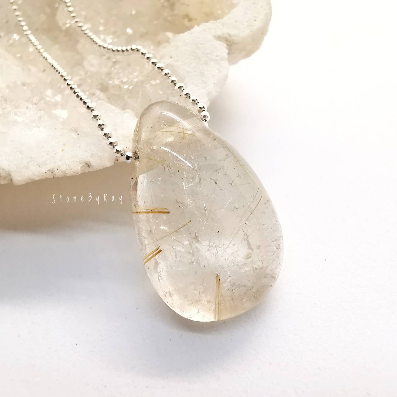 สร้อยคอเงินจี้หินไหมทองเจียรทรงหยดน้ำ Rutilated Quartz